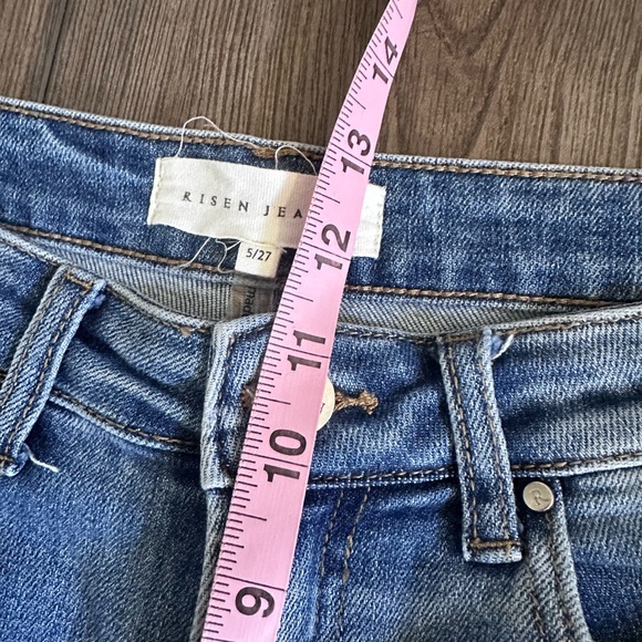 Risen High Rise Flare Jeans Distressed Raw Hem Boutique Denim - Picture 5 of 9